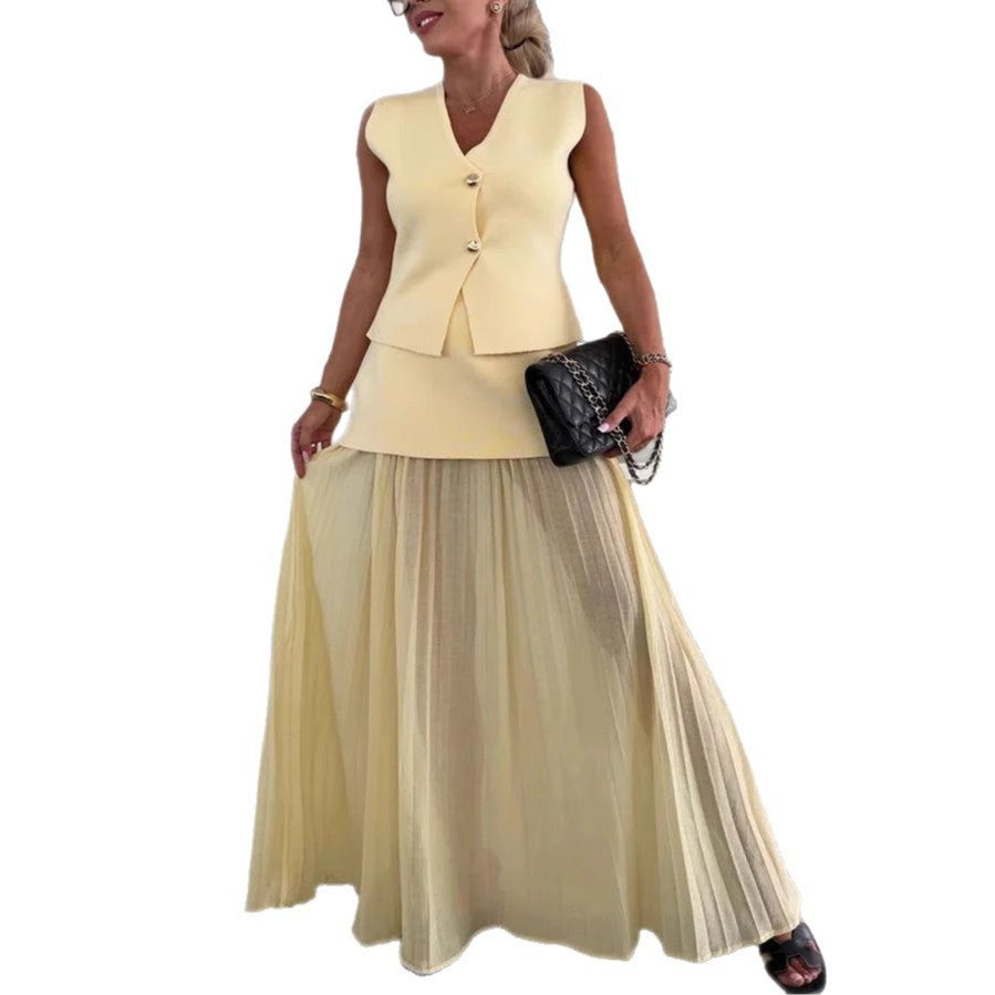 Women's Elegant Slim Knit Tulle Stitching Ruffle Suits