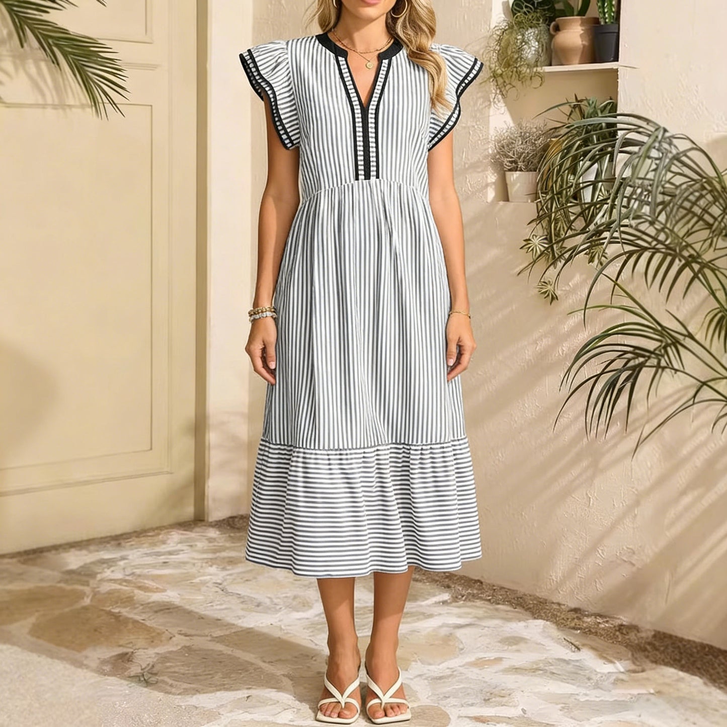 Women's Fashion Striped Double Frill Sleeve Contrast Dress