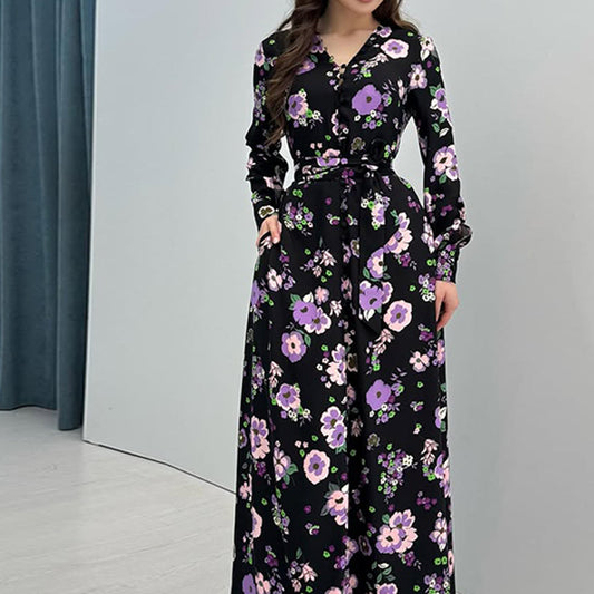 Women's Autumn French Style Black Printed Dress Dresses