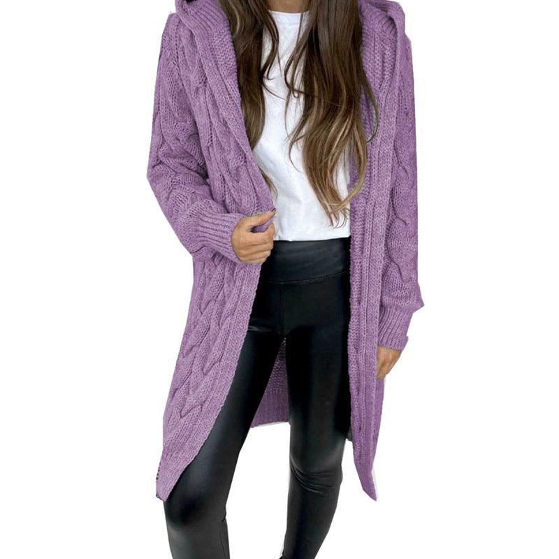Mid-length Solid Color Twist Hooded Knit Women's Sweater