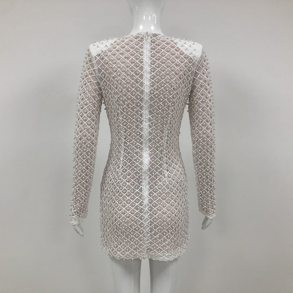 Fashion Sexy Tube Pearl Decorative Mesh Dresses