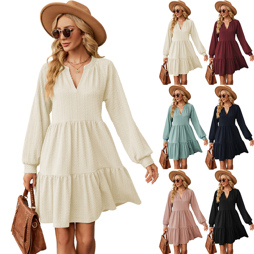 Solid Color Loose Pleated Stitching Long Dress