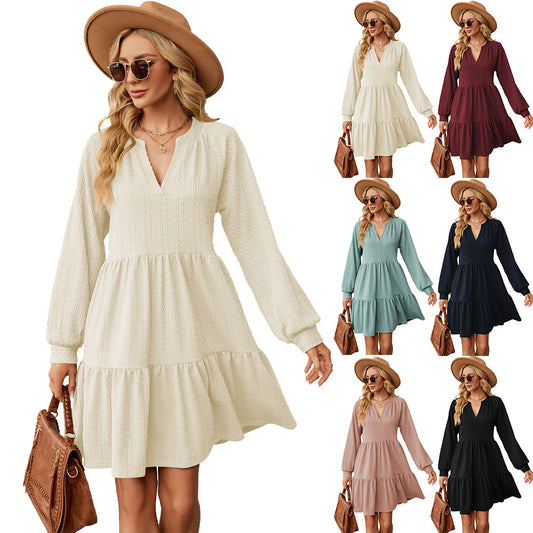 Solid Color Loose Pleated Stitching Long Dress