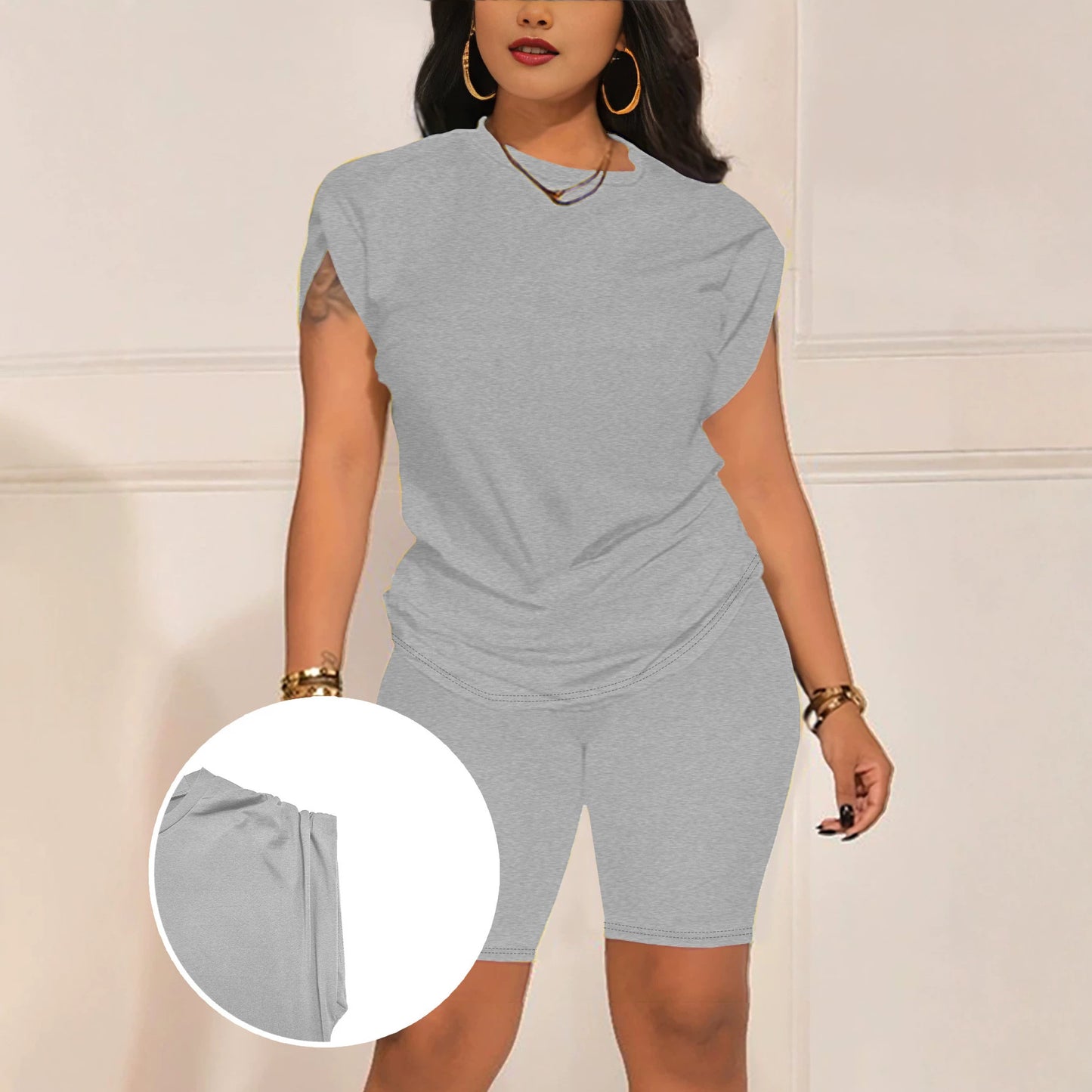 Women's Round Neck Sleeve With Two-piece Summer Fashion Casual Suit