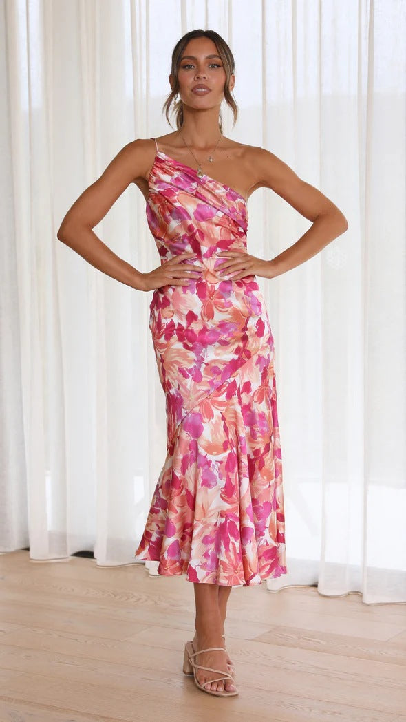 Temperament Diagonal Collar Strap Fishtail Printed Dresses