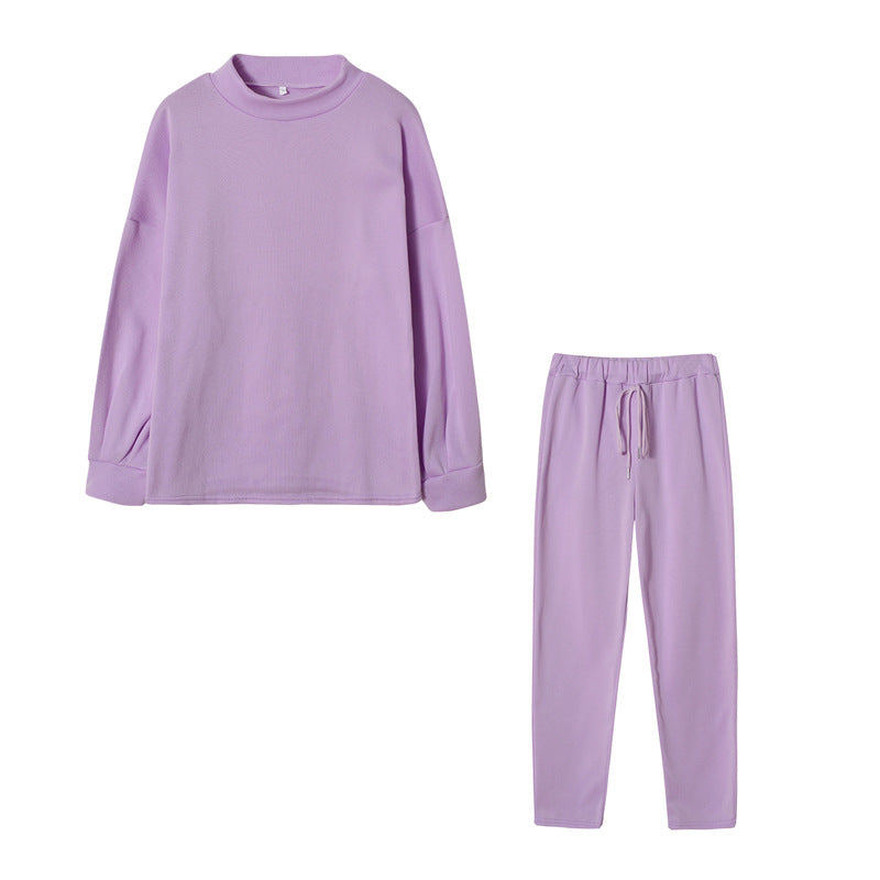 Women's Turtleneck Casual Solid Color Trousers Two-piece Suits
