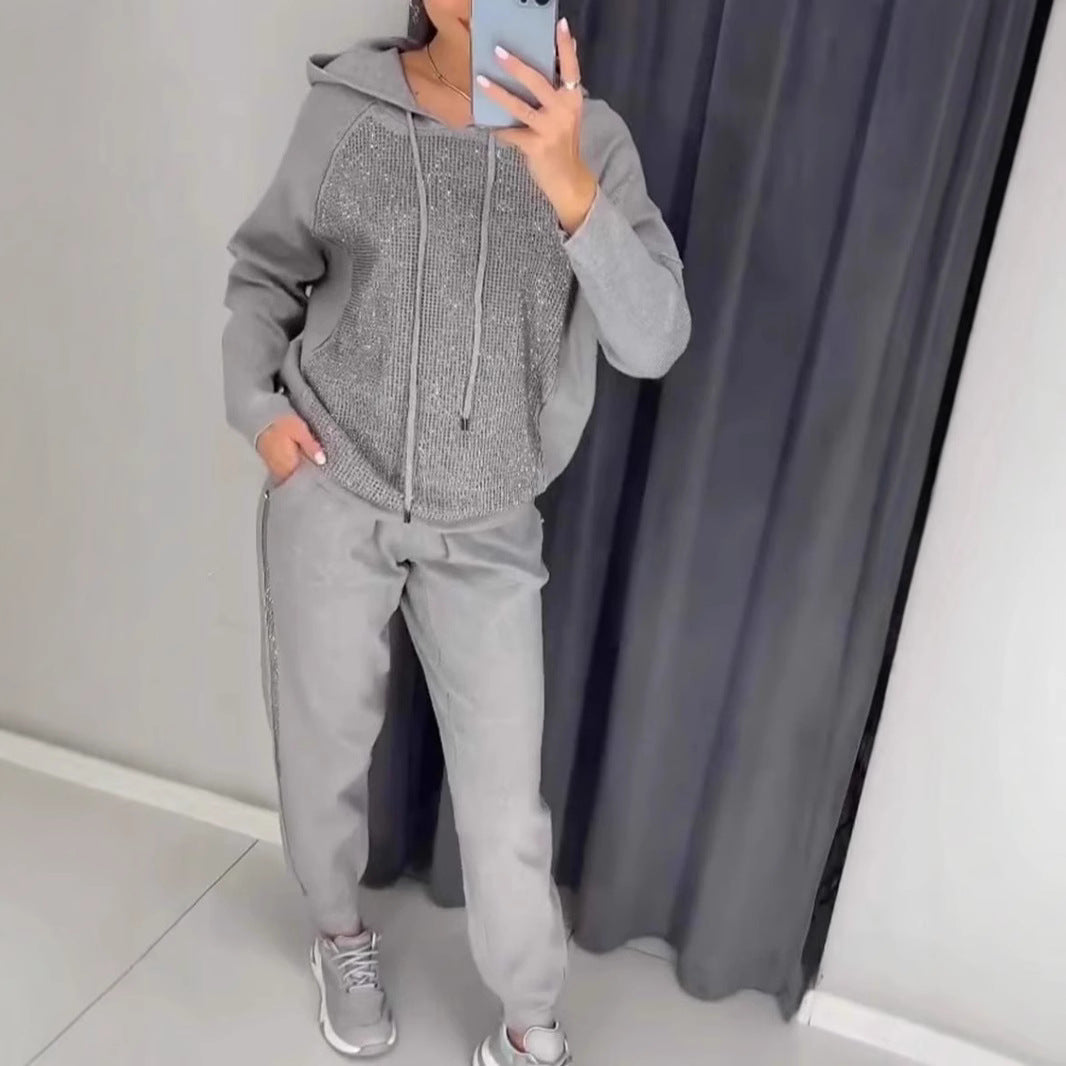 Women's Fashion Casual Hooded Rhinestone Belt Pocket Suits