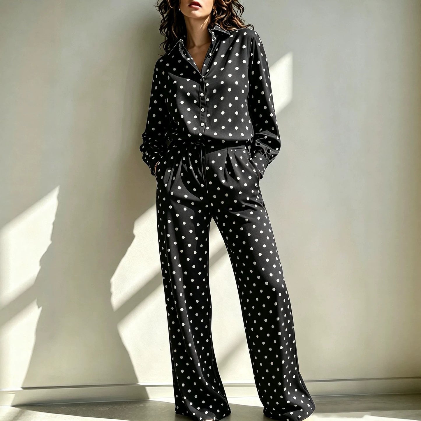 Sleeve Lapel Shirt Elastic Waist Wide Leg Two-piece Set Light Pants