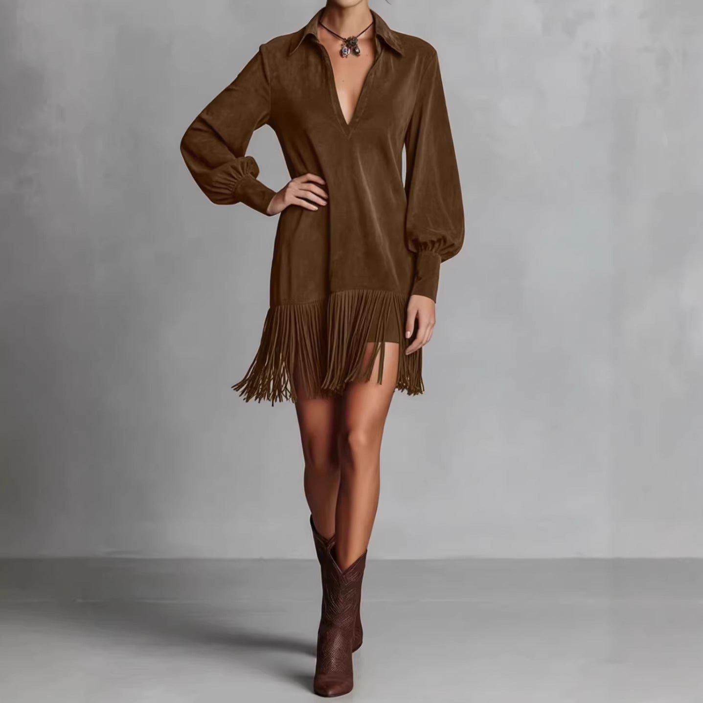 Women's Faux Suede Lapel Zipper Fashion Fringed Dress
