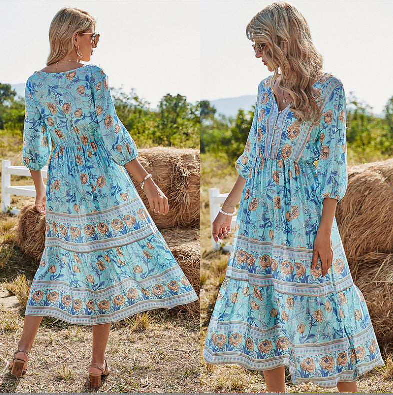 Women's Floral High Waist Bohemian Long A- Dress