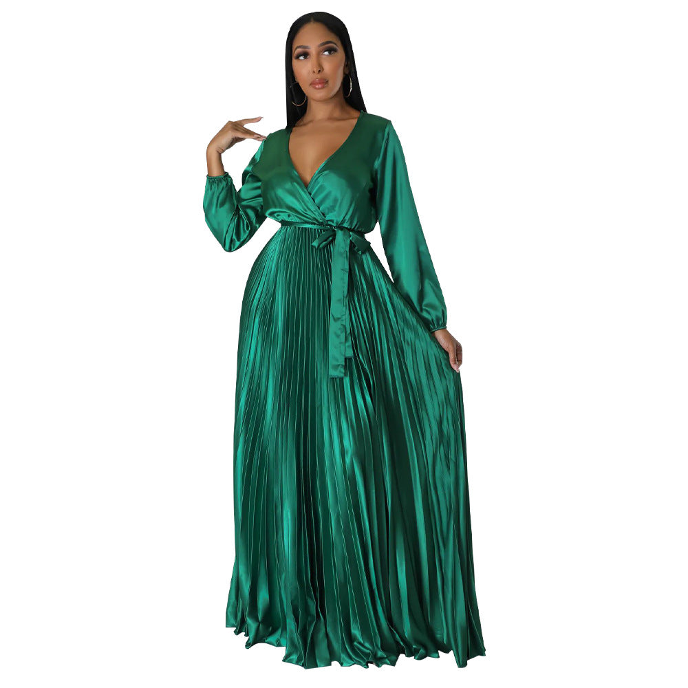 Women's Autumn Lantern Sleeve Pleated Dress Long Dresses