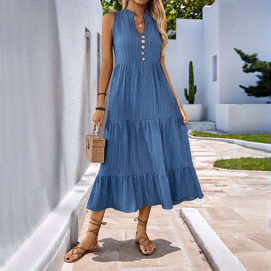 Summer Mid-length Dress Pleated Solid Color Dresses