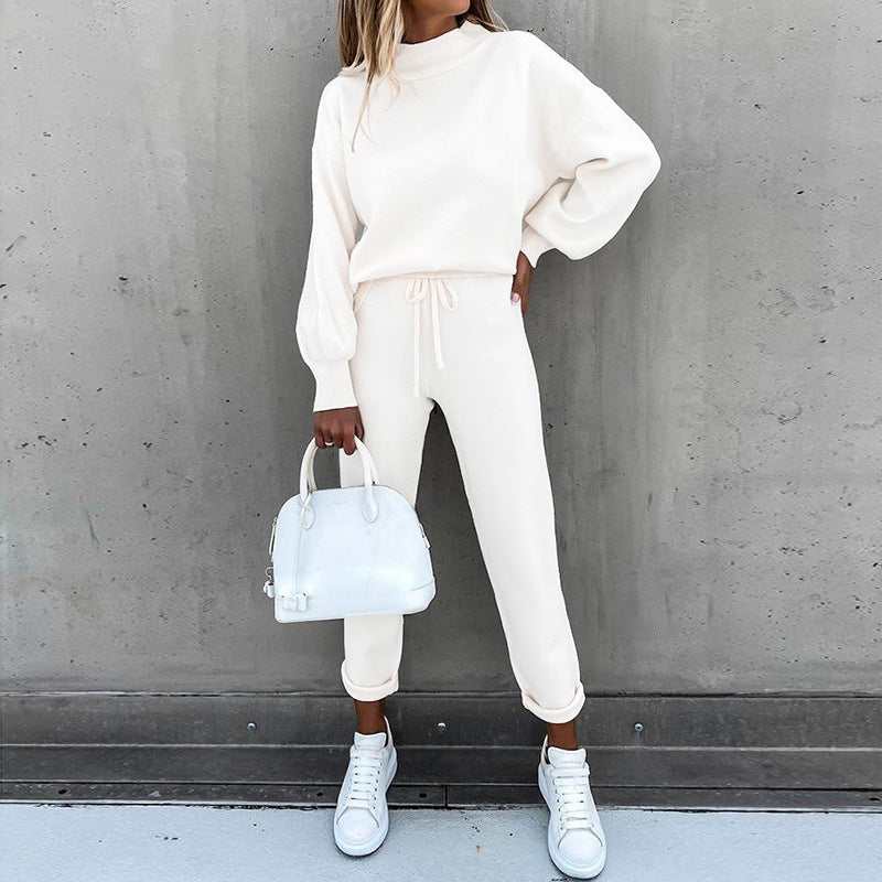 Women's Turtleneck Casual Solid Color Trousers Two-piece Suits