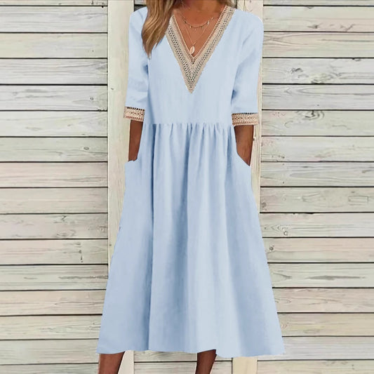 Women's Loose Cotton Linen Lace Collar Half Dresses
