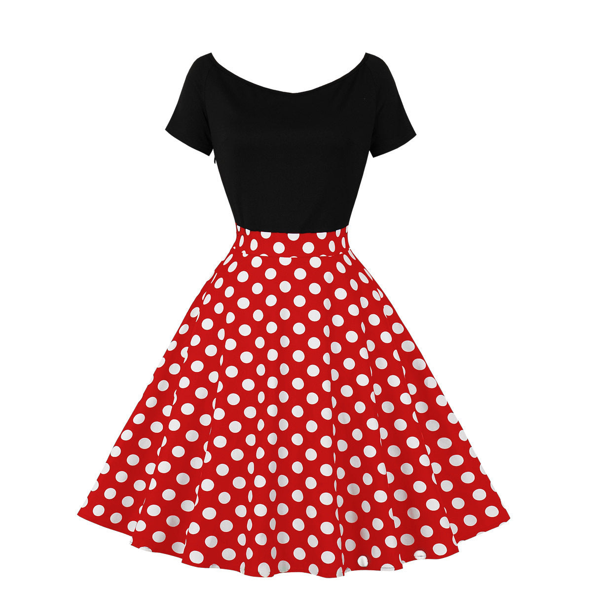 Sleeve Stitching Contrast Color Retro Polka Dresses