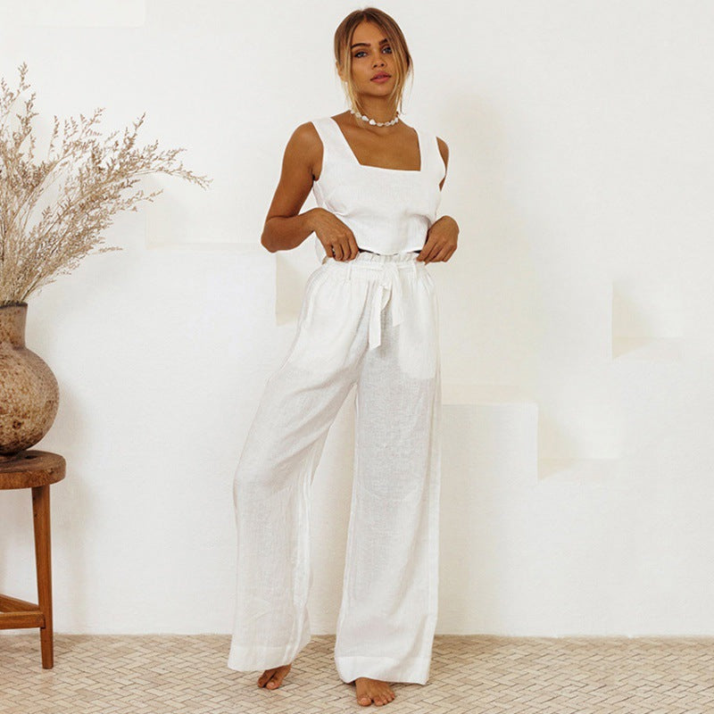 Women's Cotton Linen Sleeveless Trousers Loose Outfit Suits
