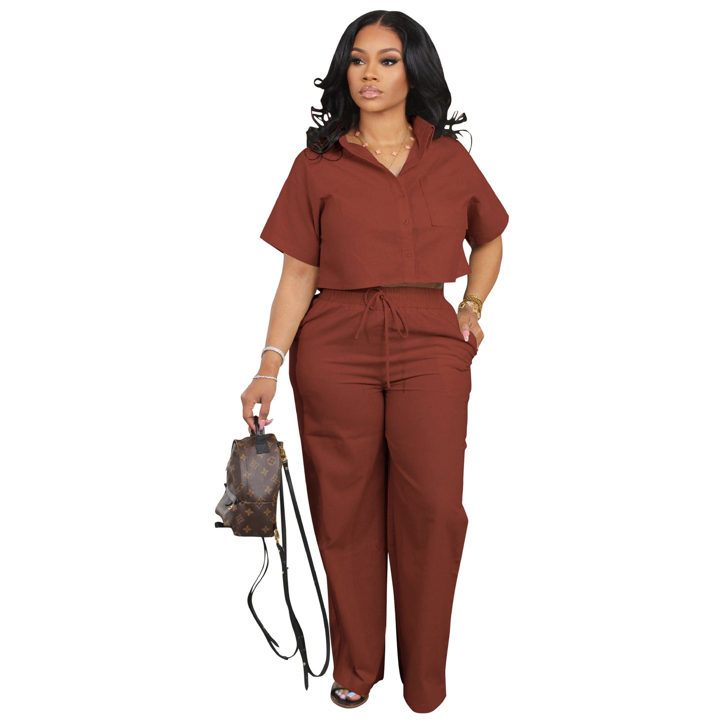 Women's Shirt Sleeve Two-piece Set Linen Leisure Office Suits