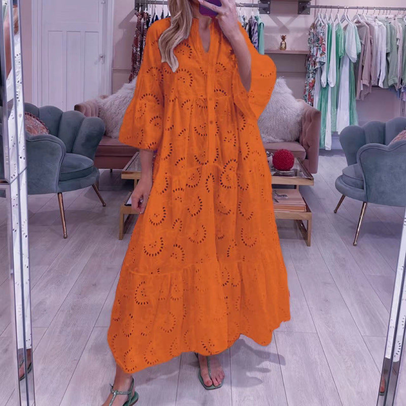 Women's Style Bell Sleeve Lace Solid Color Sexy Long Dresses