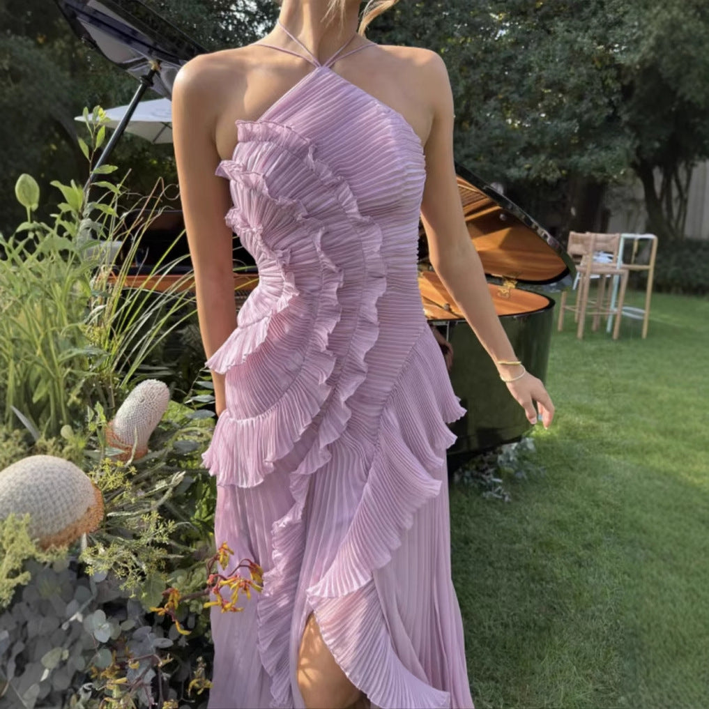 Pleated Ruffled Halter Backless A- Hem Chiffon Dresses