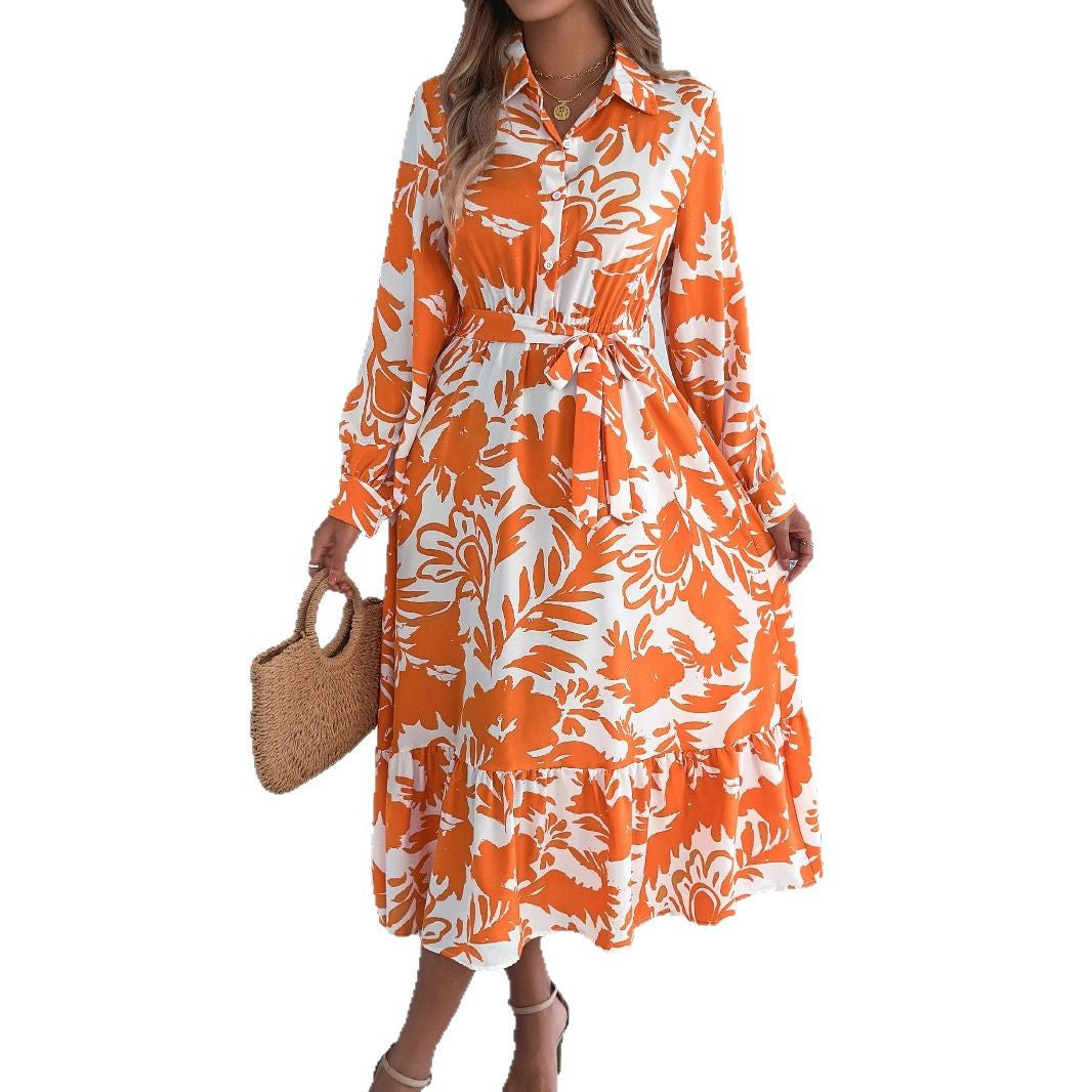 Women's Casual Flower Long Sleeve Shirt Ruffled Dress