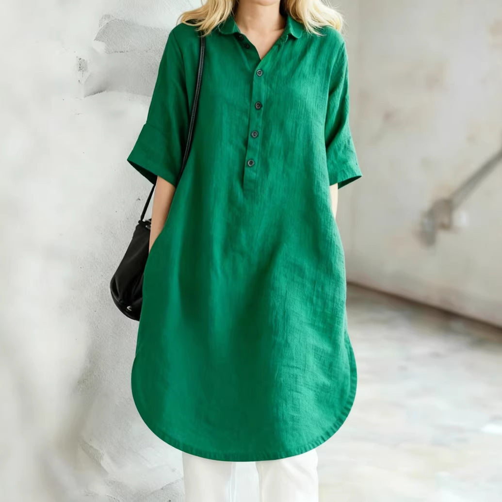 Casual Cotton Linen Sleeve Loose Shirt Dress