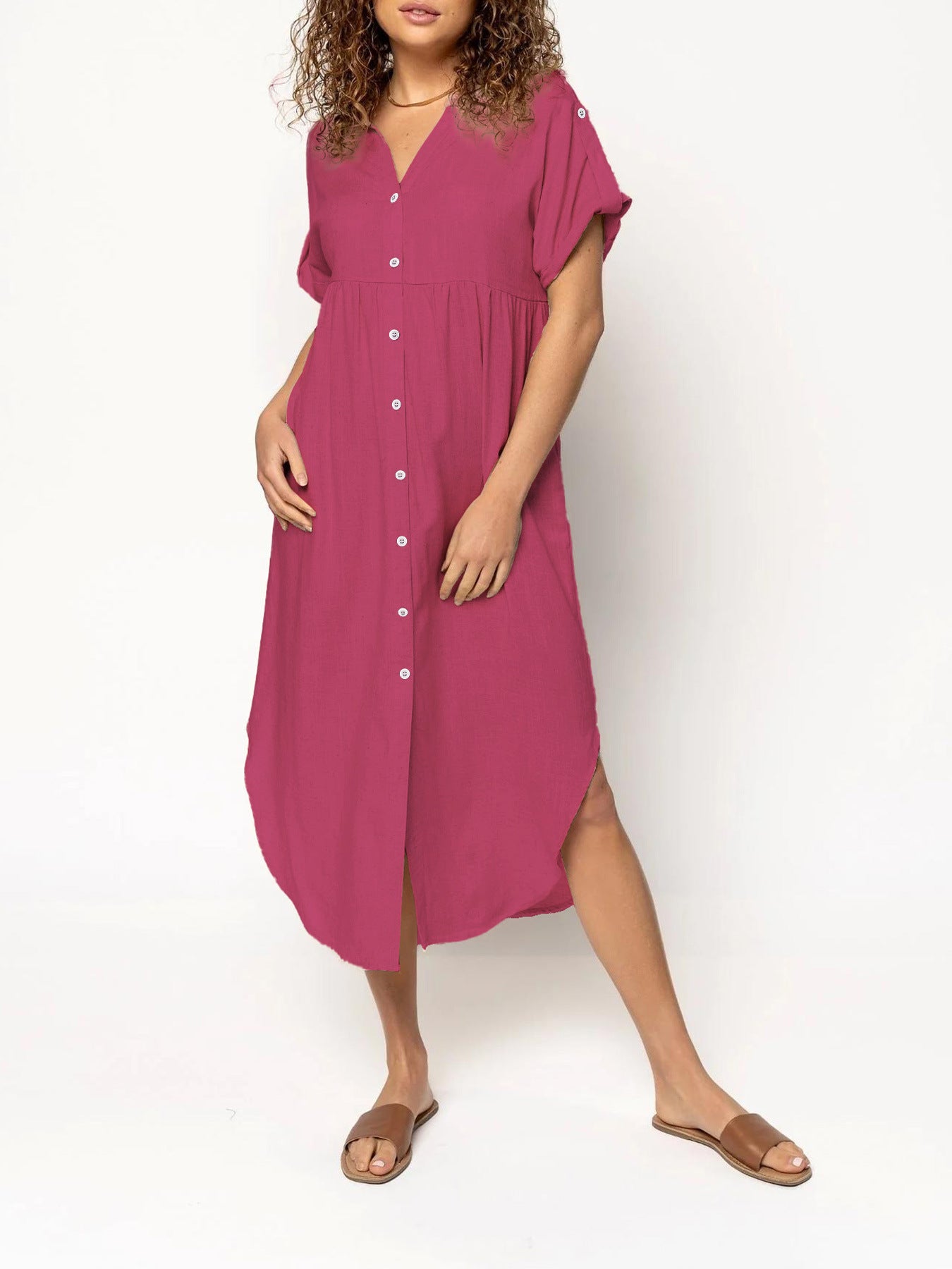 Loose Temperament Casual Solid Color Buttons Dress