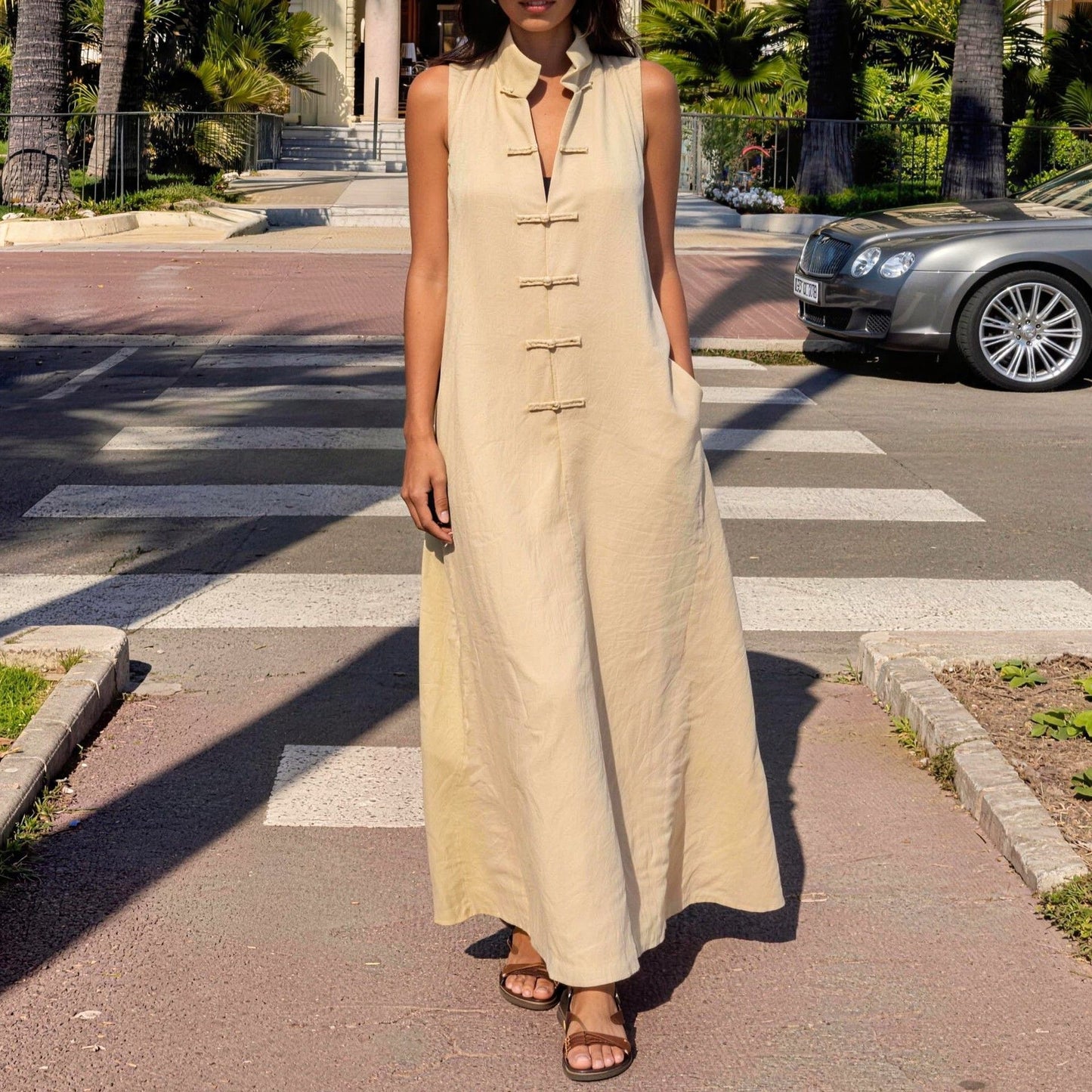 Stand Collar Frog Buckle Loose Linen Dress