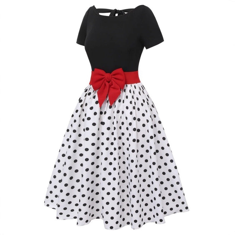 Women's Retro Round Dot Red Bow Waist Midi Sleeve Dress