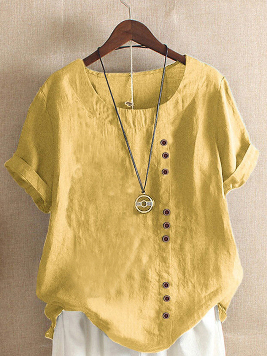 Women's Button Sleeve Casual Holiday Round Neck Regular Cotton Blouses