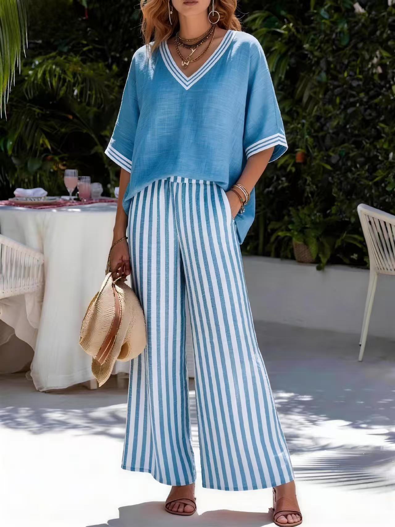 Women's Summer Cotton Linen Loose Sleeve Striped Two Fashion Casual Suit