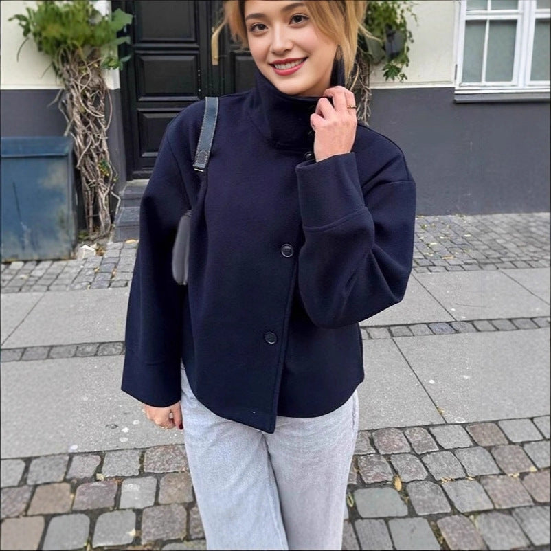 Women's Elegant Stand Collar Button Long-sleeved Woolen Coats