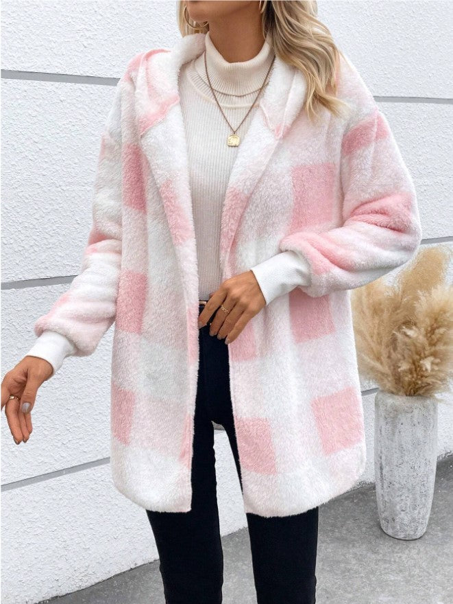 Women's Loose Plaid Color Stitching Knitted Fashion Coats