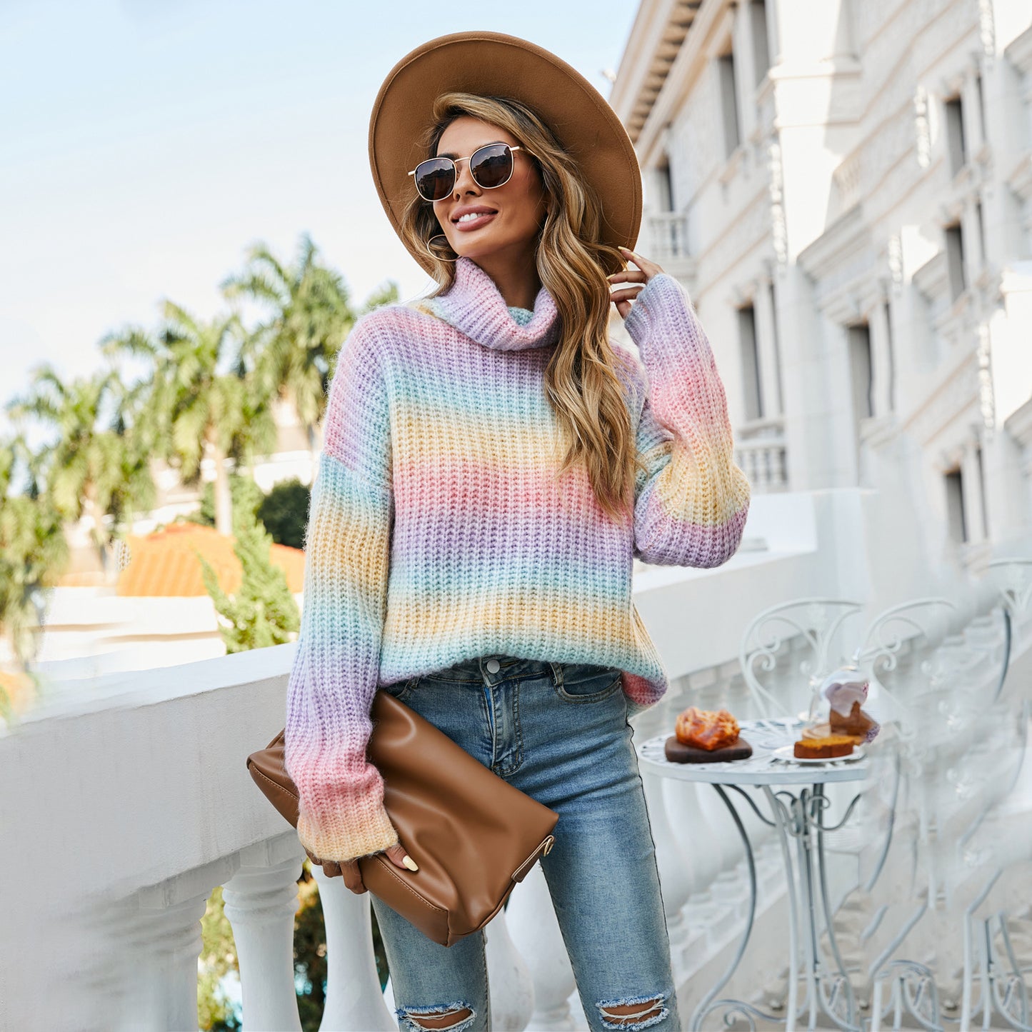 Women's Spring Clothes Rainbow Pullover High Collar Sweaters