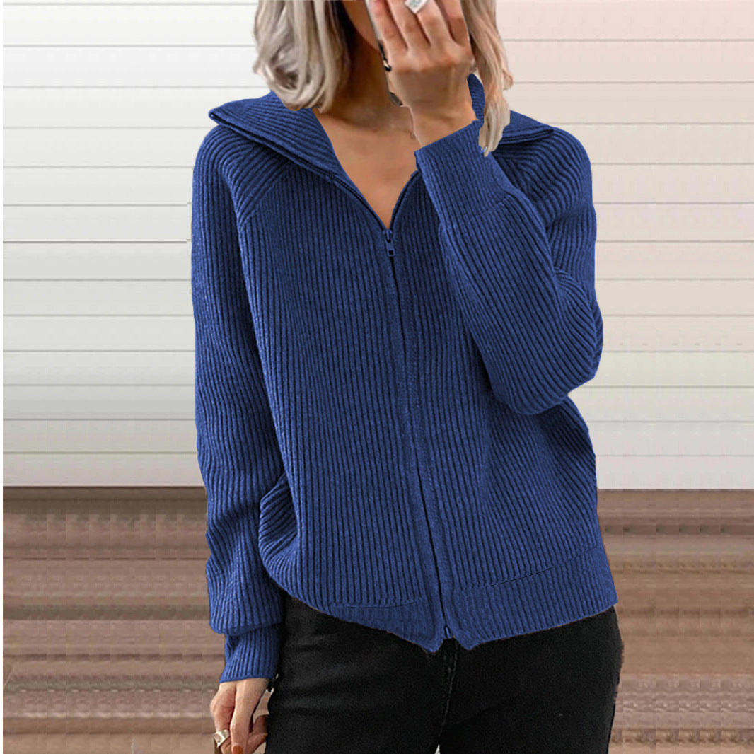 Women's Striped Casual Loose Zipper Long Sleeve Lapel Cardigans
