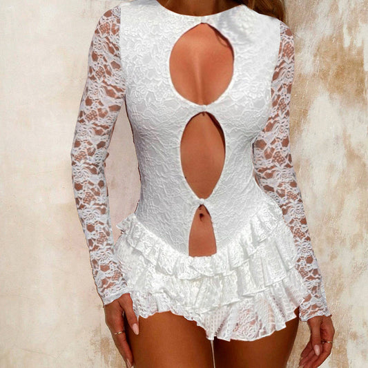 Women's Sweet Sexy Ruffles Long Sleeve Hollow Dresses