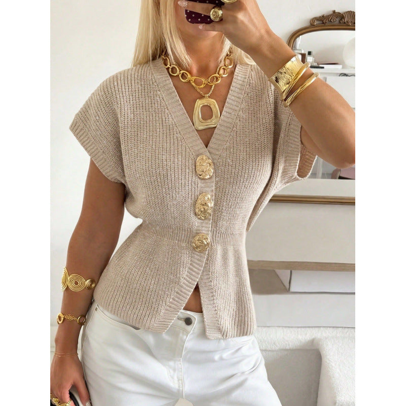 Women's Metal Buckle Cinched Sleeveless French Style Temperament Commuter Sweater