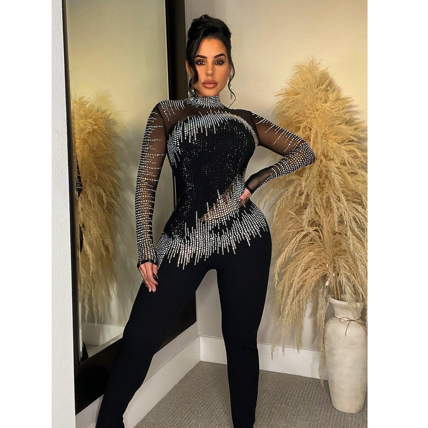 Women's Fashion Wear Pure Color Mesh Rhinestone Suits