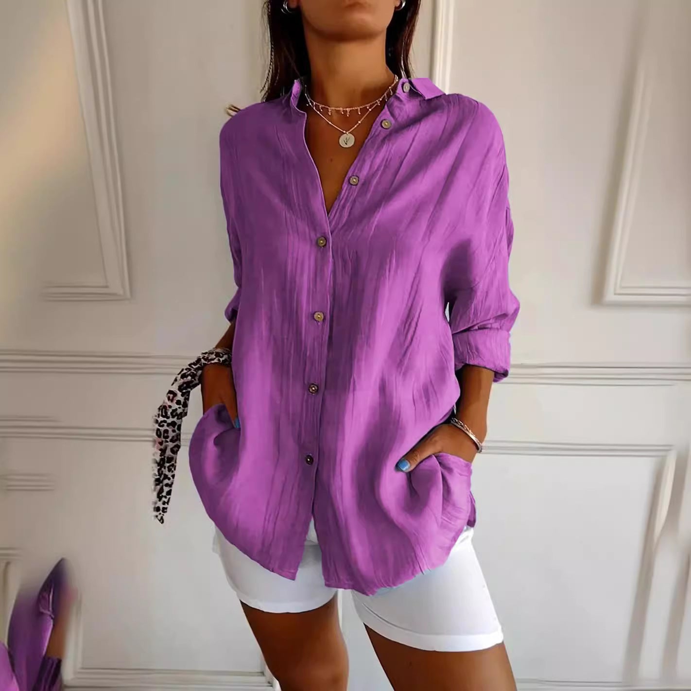 Women's Single-breasted Pleated Lapel Shirt Solid Color Blouses