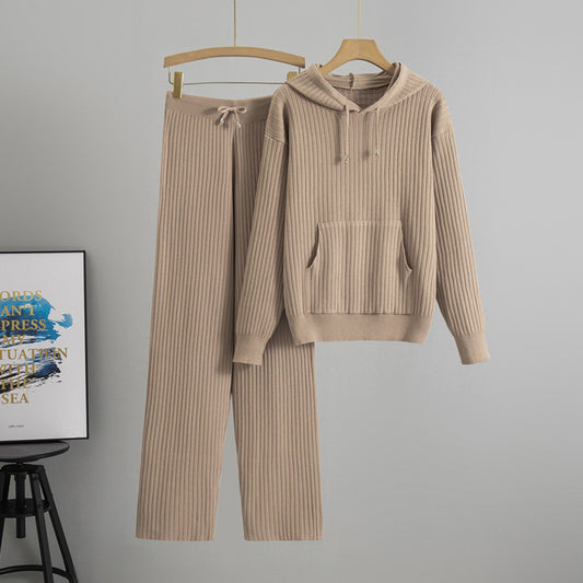 Women's Hooded Knitted Sunken Stripe Two-piece Fashion Casual Suit