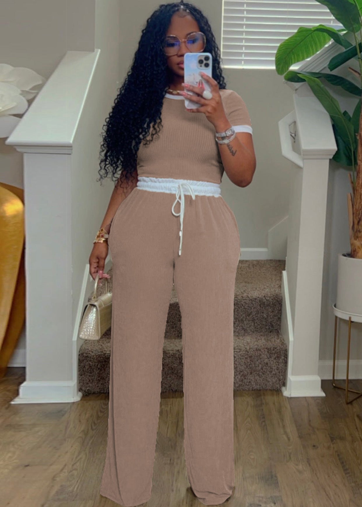 Women's Casual Daily Rib Contrast Color Round Neck Suits