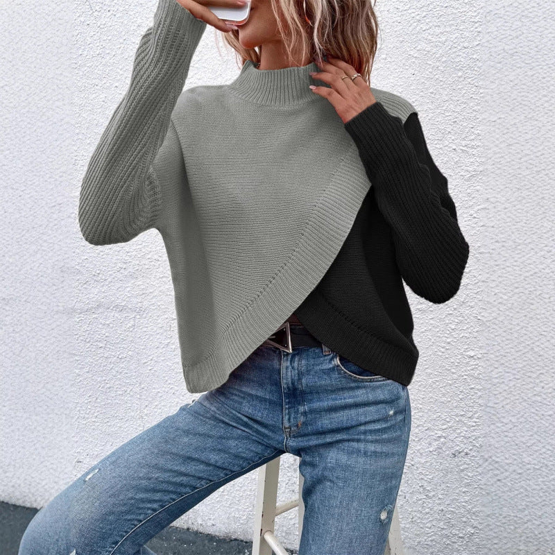 Women's Turtleneck Knitted Asymmetric Cross Hem Loose Slimming Long Sweaters