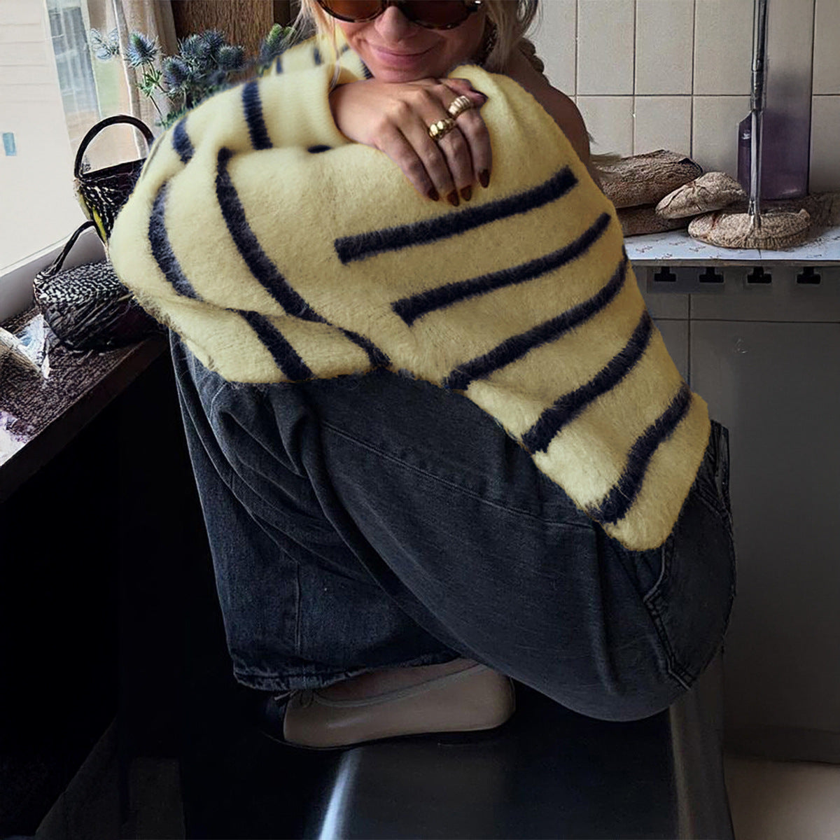 Slouchy Women's Casual Striped Wool Long-sleeved Sweater