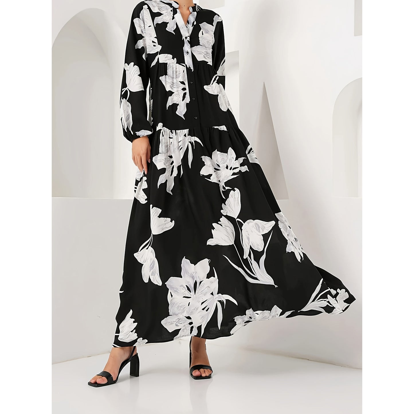 Graceful Noble Robe Flower Long Shirt Dress
