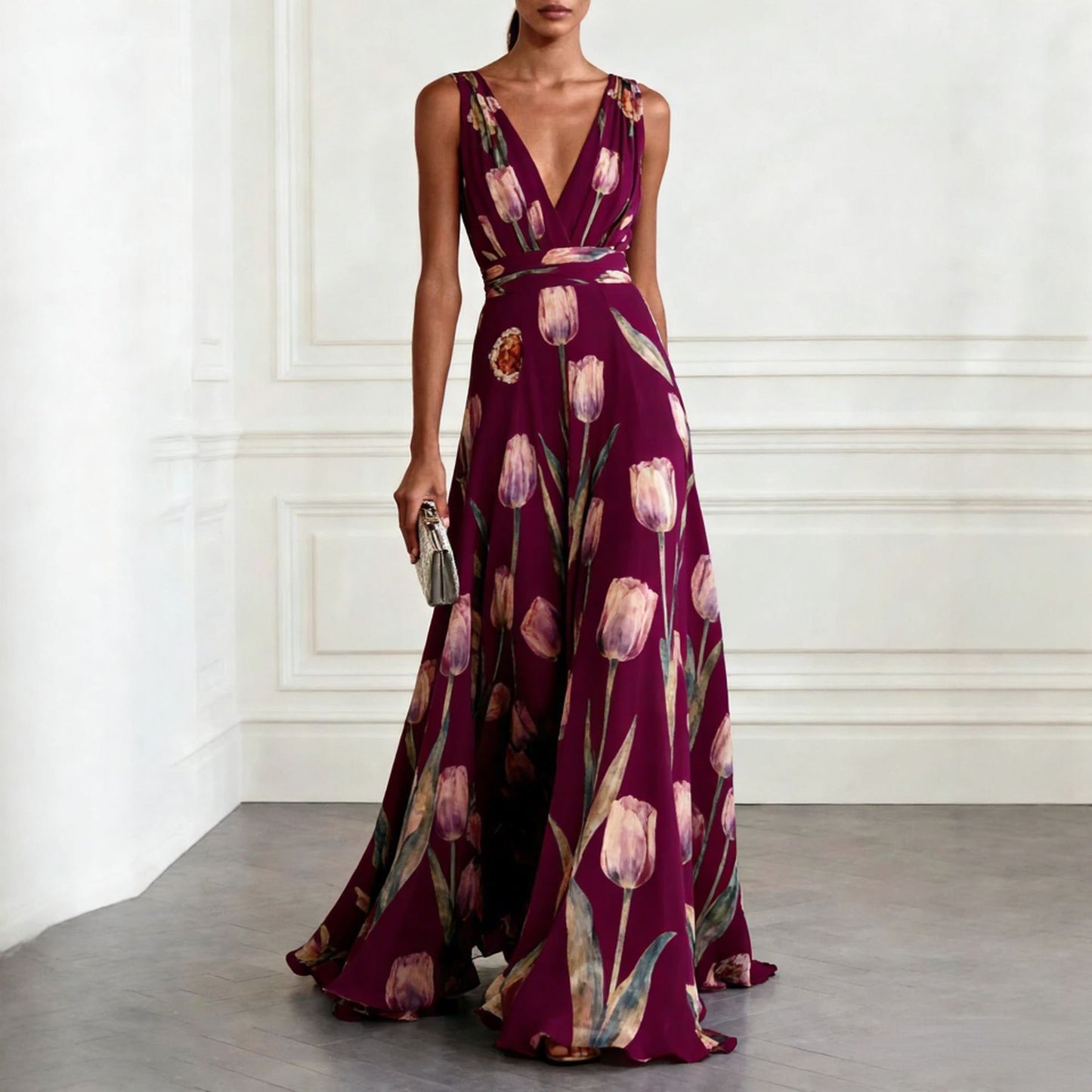 Women's Tulip Print Sleeveless Temperament Long Female Dress
