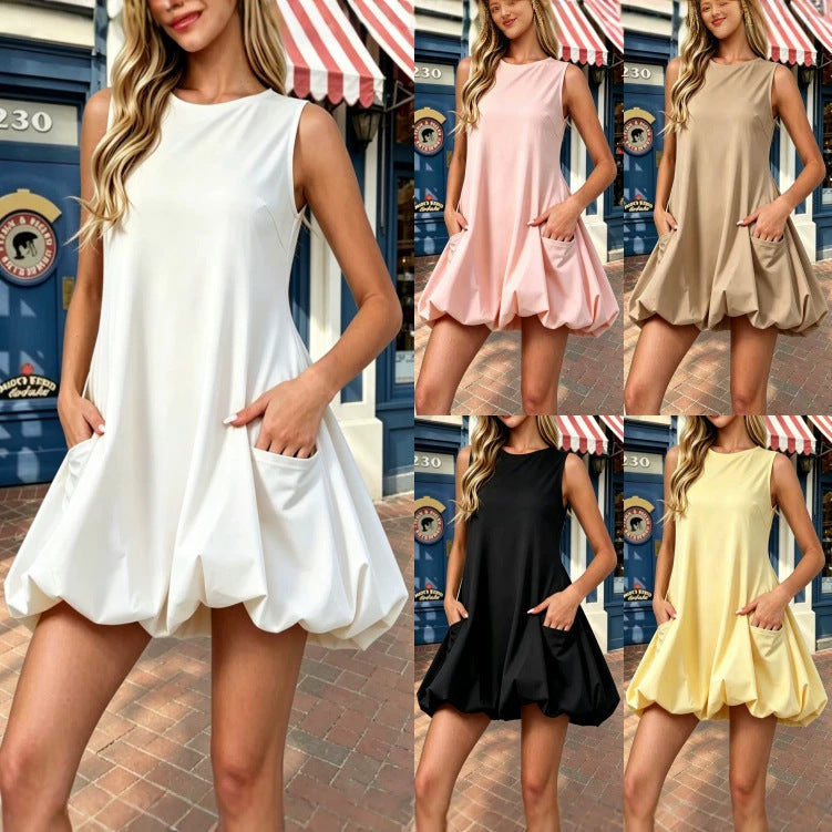 Summer Solid Color Sleeveless Bud Puff Elegant Beach Dress