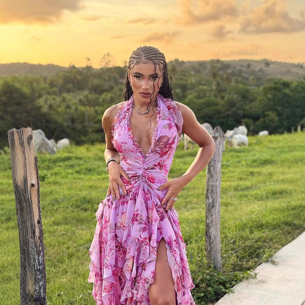 Women's Summer Sleeveless Halter Floral Sexy Flounced Dresses
