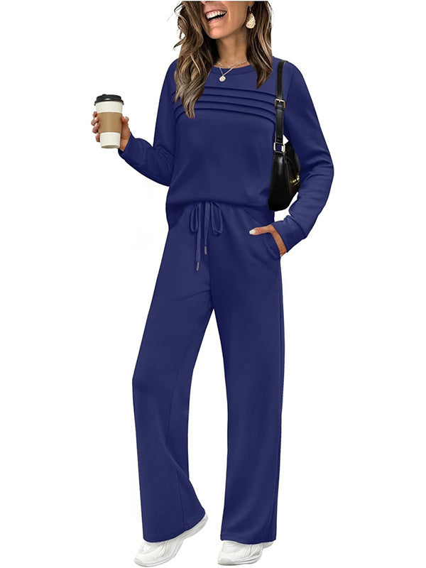 Women's Autumn Long Sleeve Round Neck Elastic Waist Trousers Fashion Casual Suit