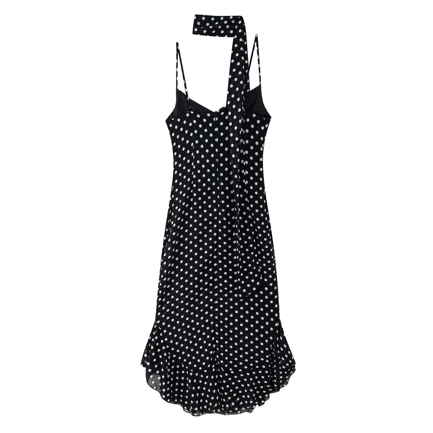 Women's Retro Dots Printed Scarf Ruffled Spaghetti Dresses