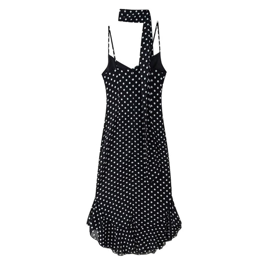 Women's Retro Dots Printed Scarf Ruffled Spaghetti Dresses