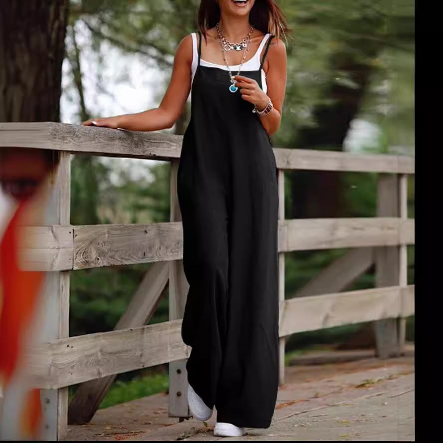 Women's Fashion Casual Pocket Cotton Linen Sling Jumpsuits